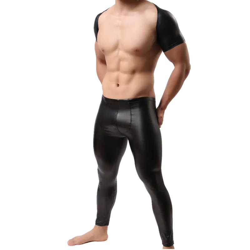 Sexy Mens Wet Look Faux Leather Crop Tops Muscle Arm Short Sleeves Shrug Stage Dance Clubwear Tight Long Pants Men Clothes Set