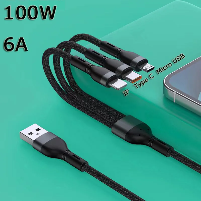 6A3in1USBDataCableforiPhone100WFastChargerCableForAndroid