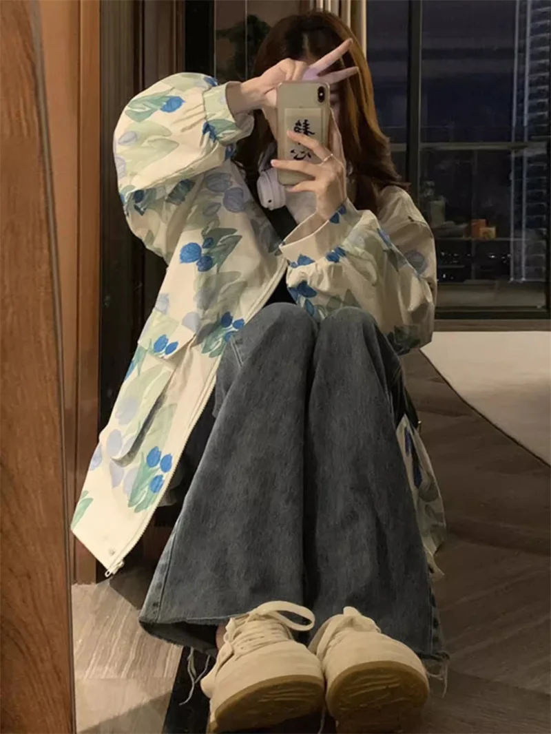 Women's Tie Dye Printed Sprint Jacket With a Girlish Feel 2024 Autumn New Korean Loose Jacket Versatile Jacket top for Commuting