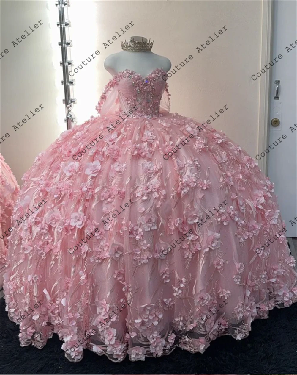 Pink 3D Flowers Three Quarter Sleeve Quinceanera Dresses Ball Gown Bow Sweetheart Sweet 16 Dress Wedding Customized
