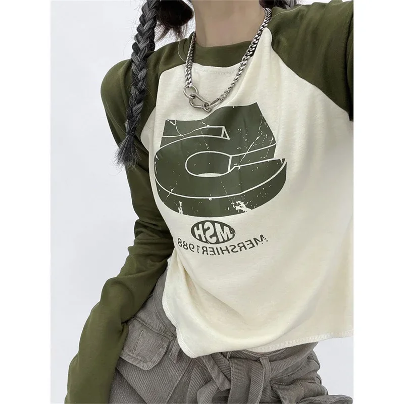 

Slim T-shirt Women's Long Sleeve Short T-shirts Autumn New Aesthetic American Vintage Hot Printed Contrast Fashion Clothes