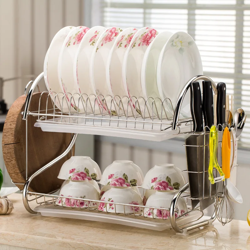 Stainless Steel Bowl Rack Large Kitchen Organizer Dish Drying Rack Cup Drainer  Double Dish Rack Tableware Dish Storage Rack