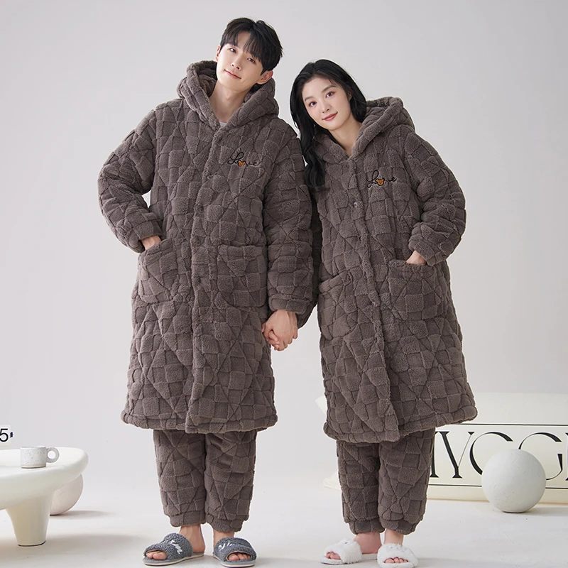 

Couple Robe Winter 3 Layer Clip Cotton Pyjamas Long Bathrobe+Pant Hooded Home Clothing Thick Warm Men and Women Pijamas