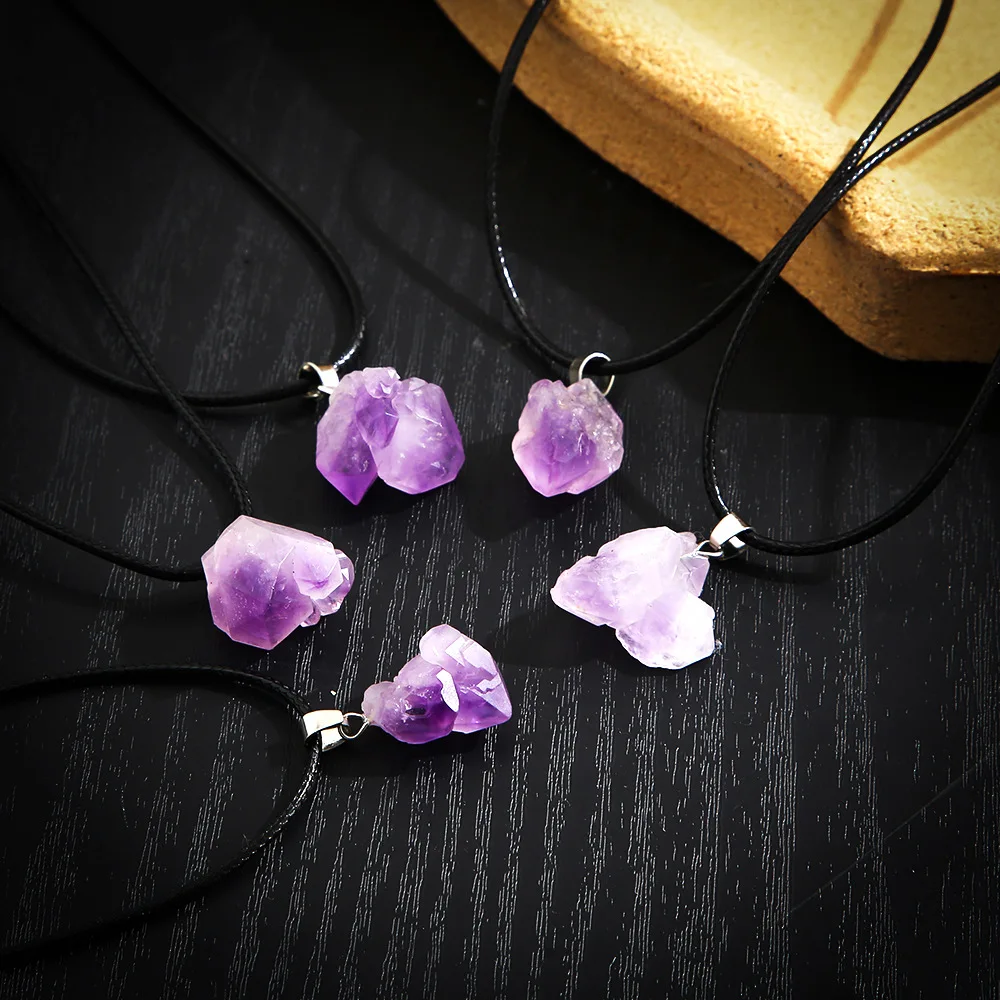 5 Pcs Purple Crystal Pendant Necklaces for Women Amethyst Irregular Rough Natural Stone Clavicle Necklace Female Vintage Jewelry