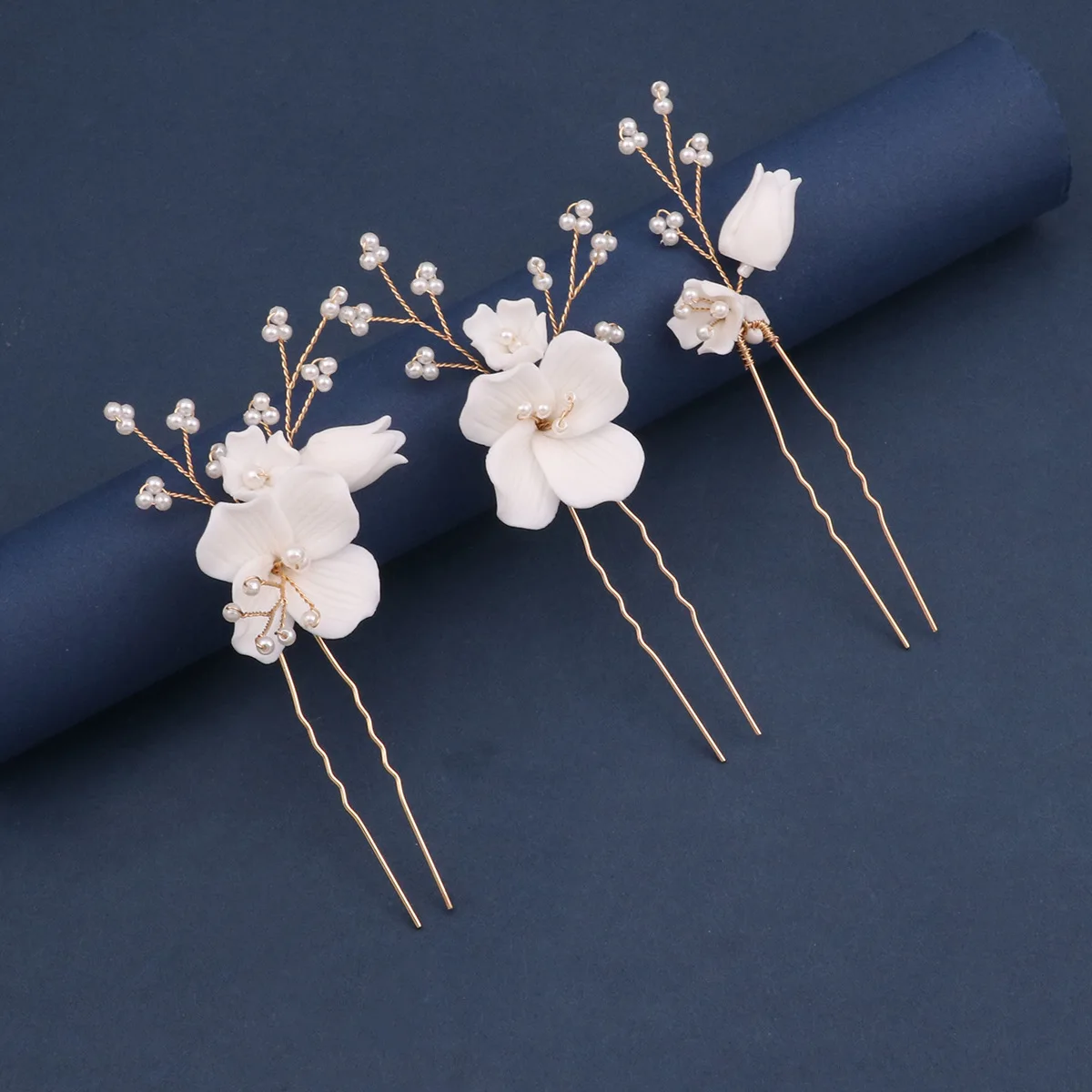 Simple U Shaped Hair Sticks Bride Wedding Headdress White Porcelain Flower Hairpins Hair Clips Bridal Jewelry Fairy Headpieces hair accessory,hair stick,hair clip,hair headdress,jewelry accessories,bridal headwear