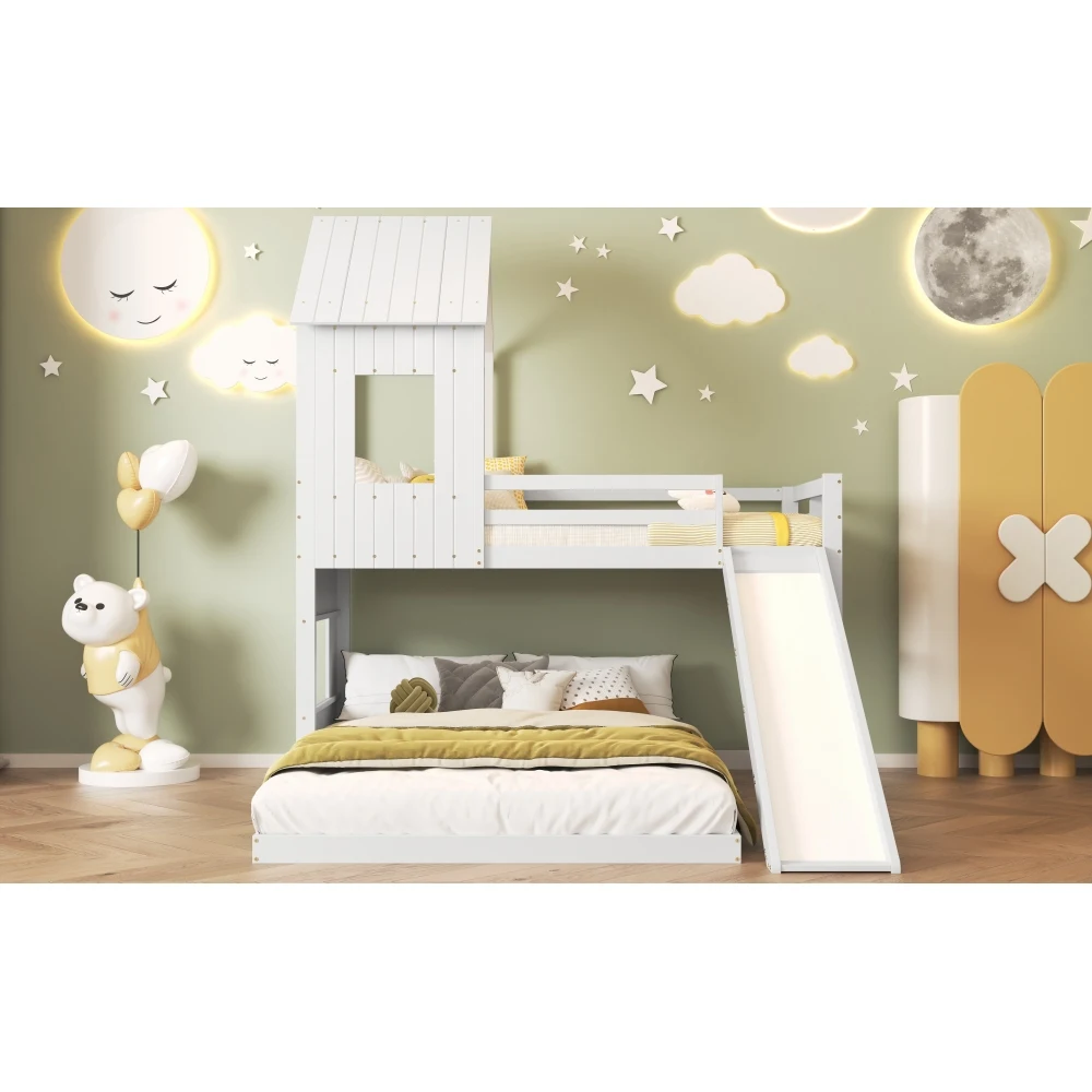 Schlafzimmer-Etagenbett mit Rutsche, Hausbett, mit Fallschirmgitter, mit Fenster und Dach, mit dreistufiger Leiter, 90 x 200 cm und 140 x 200 cm – Detail 8