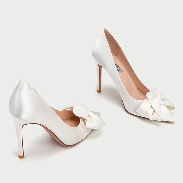 Point Toe White Bow Thin High Heel Bridal Shoes Women Size 41 To 44 Bridesmaid Wedding Shoes Female 1