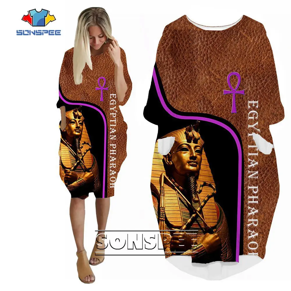 

SONSPEE Hip Hop Dresses Ancient Egyptian Sphinx Pattern 3D Print Dress Casual Pockets Skirt Lady Loose Oversize Robe for Woomen