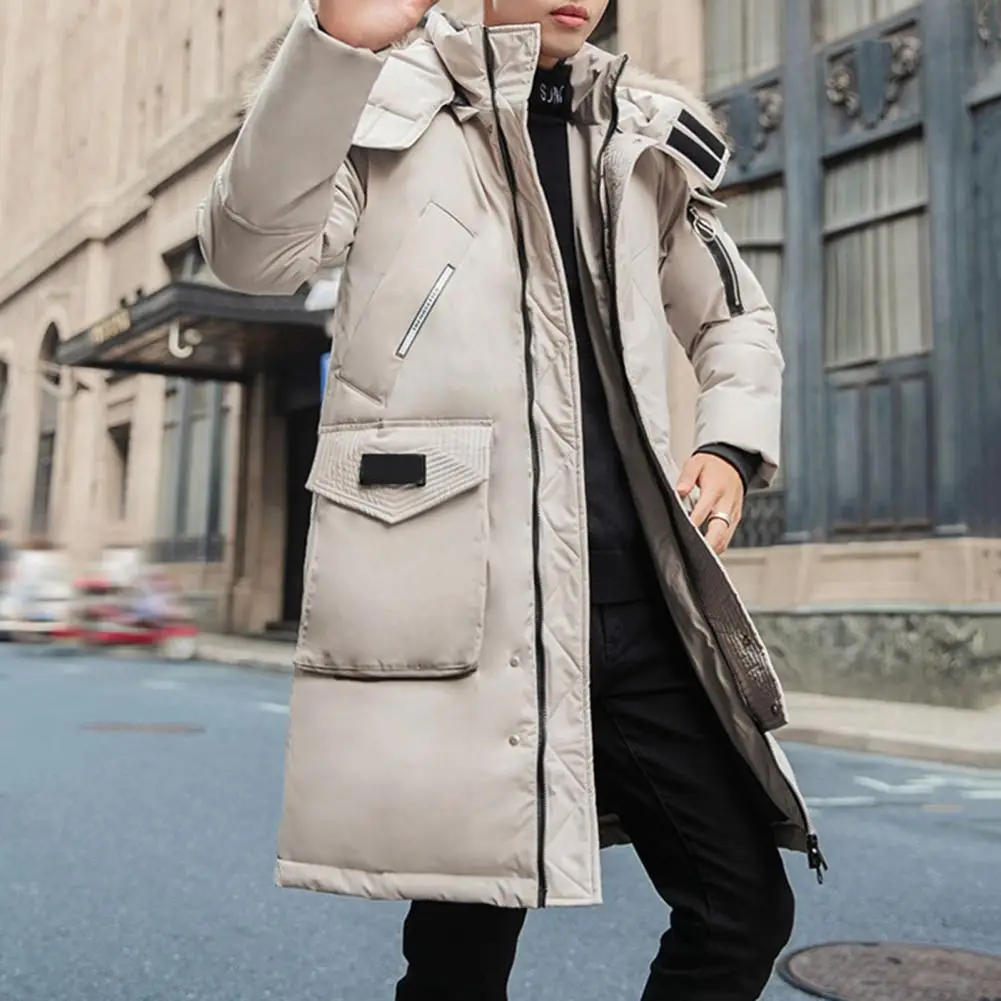 Cold Weather Outerwear Men's Fur Collar Hooded Down Jacket with Zipper Placket Pockets Long Sleeve Winter Coat for Cold Weather