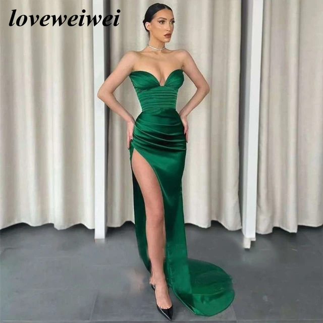 Off-the-shoulder Pleated Gown With Slit Olive Green