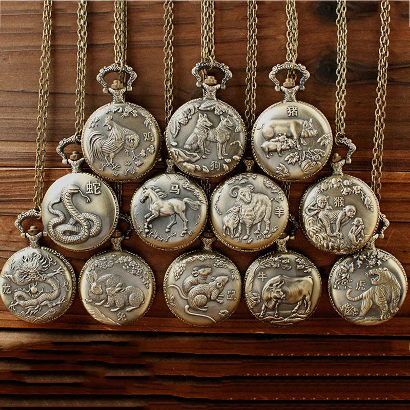12 Pieces Set Vintage Luxury Chinese Zodiac Constellation Carving Quartz Pocket Watch for Men Women Engraved Fob Chain Man Clock