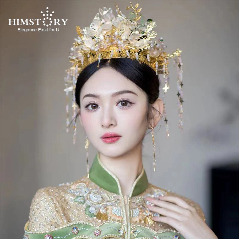 

HIMSTORY Retro Chinese Headdress Crown Headband Catwalk Stage Wedding Hair Accessories Pearls Beaded Tiaras Earring Headpiece
