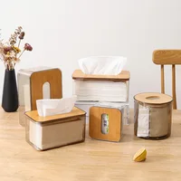 Plastic Tissue Box Wooden Lid Round/Square Napkin Holder Container Wet Tissue Paper Dispenser Case Modern Home Car Organizer 2