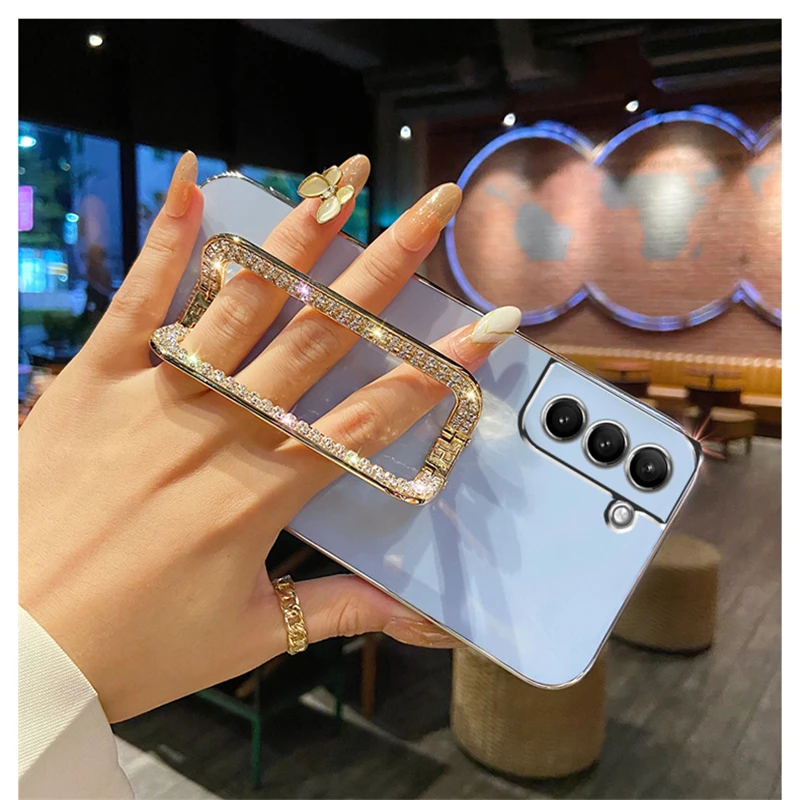 Phone Case Luxury Rhinestone Metal Holder Wrist Bracket Plating For Samsung Galaxy S23 S22 Ultra S21 FE Plus S20 A53 A22 A50