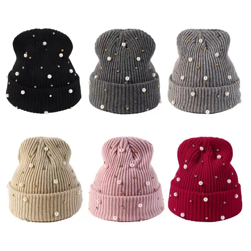 Y2K Beanie Women Girls with Pearl Soft Warm Acrylic Knitted Hat Winter Caps Casual Skullies Outdoor 4