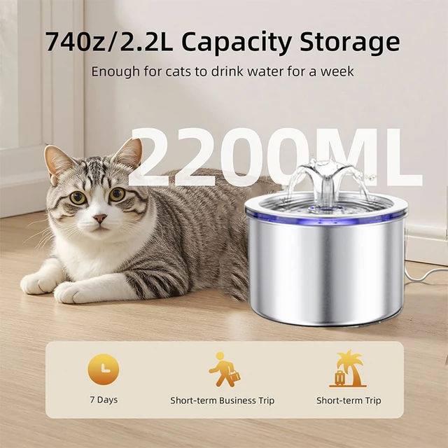 2.2L Pet Water Feeder With Transparent Window Silent Filter With Faucet Stainless Steel Automatic Dog Drinking Fountain 3