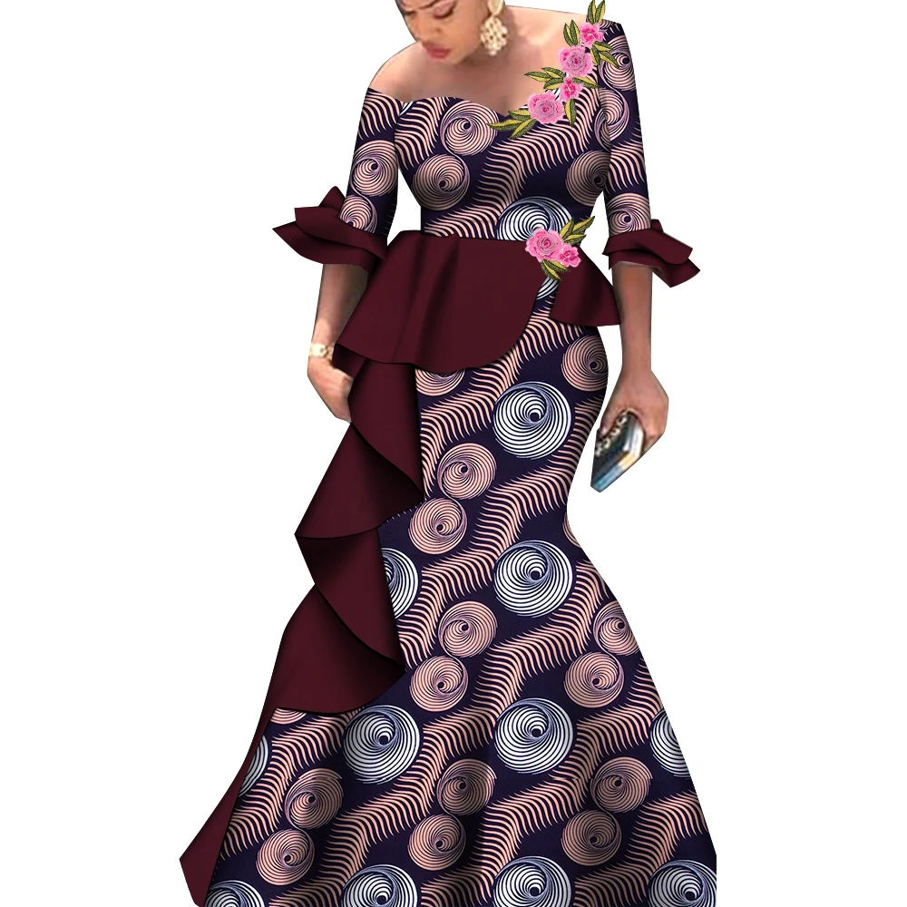 African Dresses for Women Fashion Design New African Bazin Half Flare  Sleeve Ruffle Long Dress with Applique Maxi Dress WY9048 - AliExpress  200000532