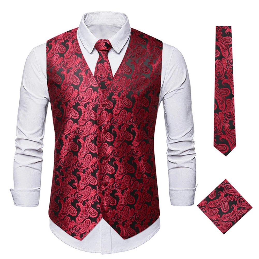 3Pcs/Set Men Suit Vests Square Scarf And Tie Embroidery Single Breasted Men Formal Waistcoat Vest Wedding Suit Set
