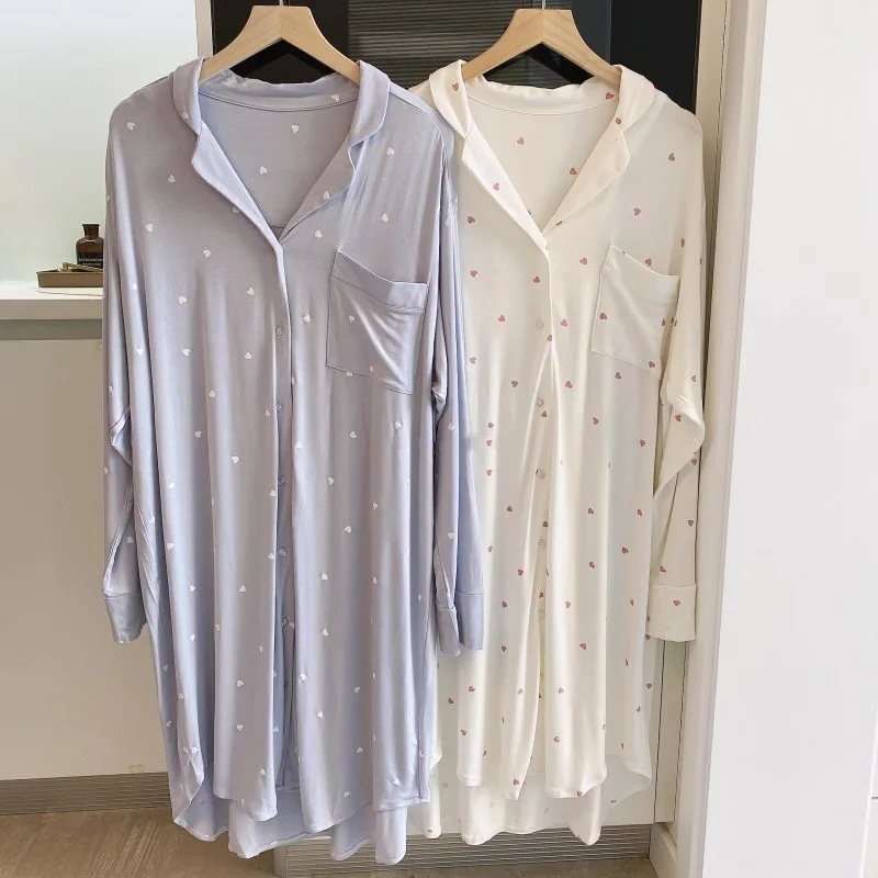 

QWEEK Modal Women's Shirt Cardigan Sleepwear Soft Basic&Casual Knee-length Night Dress Loungewear Korean