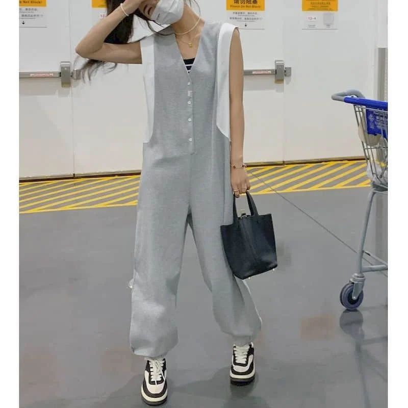 

Sleeveless Jumpsuits Casual Oversized Straight Pants Korean Style Grey Patchwork One Piece Outfits Women Clothing Loose Rompers