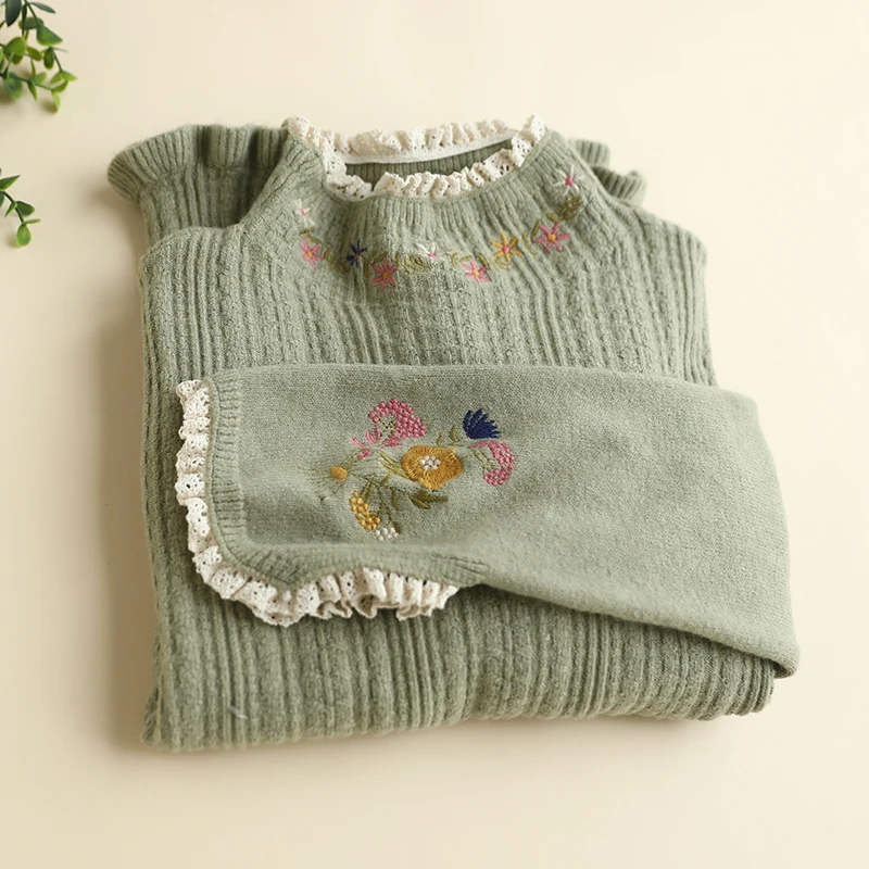 Autumn New Sweet Mock Neck Embroidered Pullovers Sweater Women Long Sleeve Casual Knitting Top Pullovers D259 4
