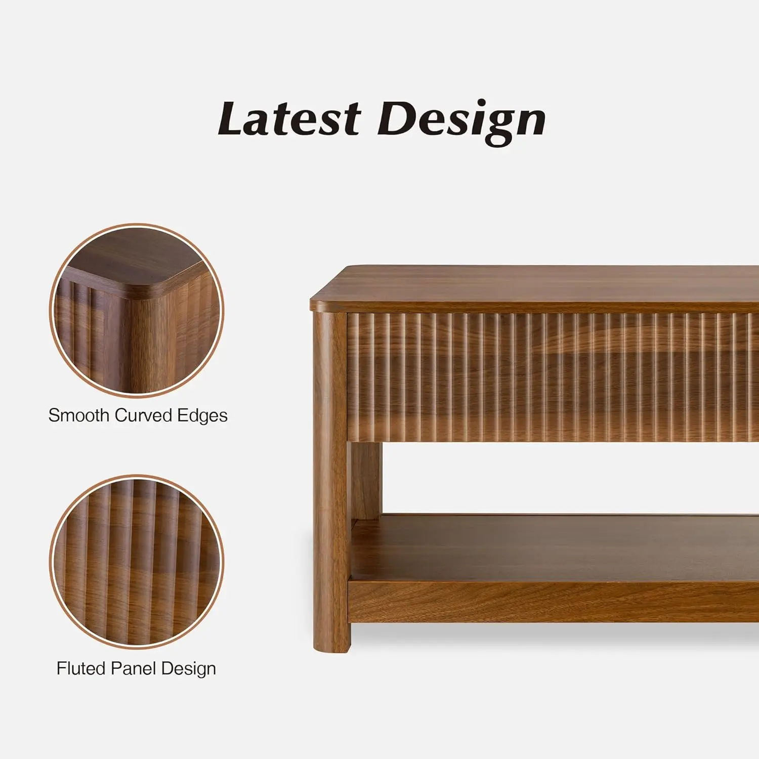 Lift Top Coffee Table with Storage, Mid Century Modern Coffee Table with Hidden Compartment, Fluted Wood Center Table