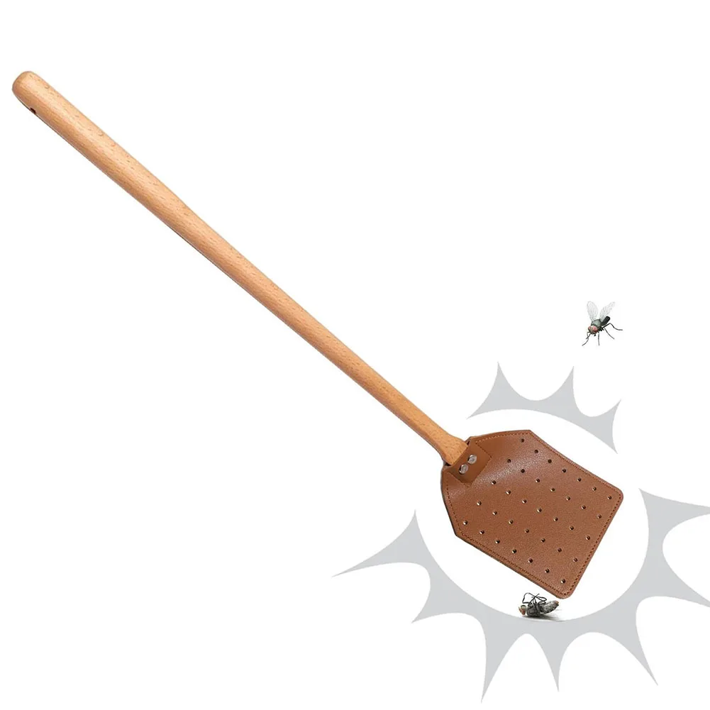 Heavy Duty Leather Fly Swatter 1pc Brown Leather Beech Wood Long Handle Garden Pest Control Products fly swatter