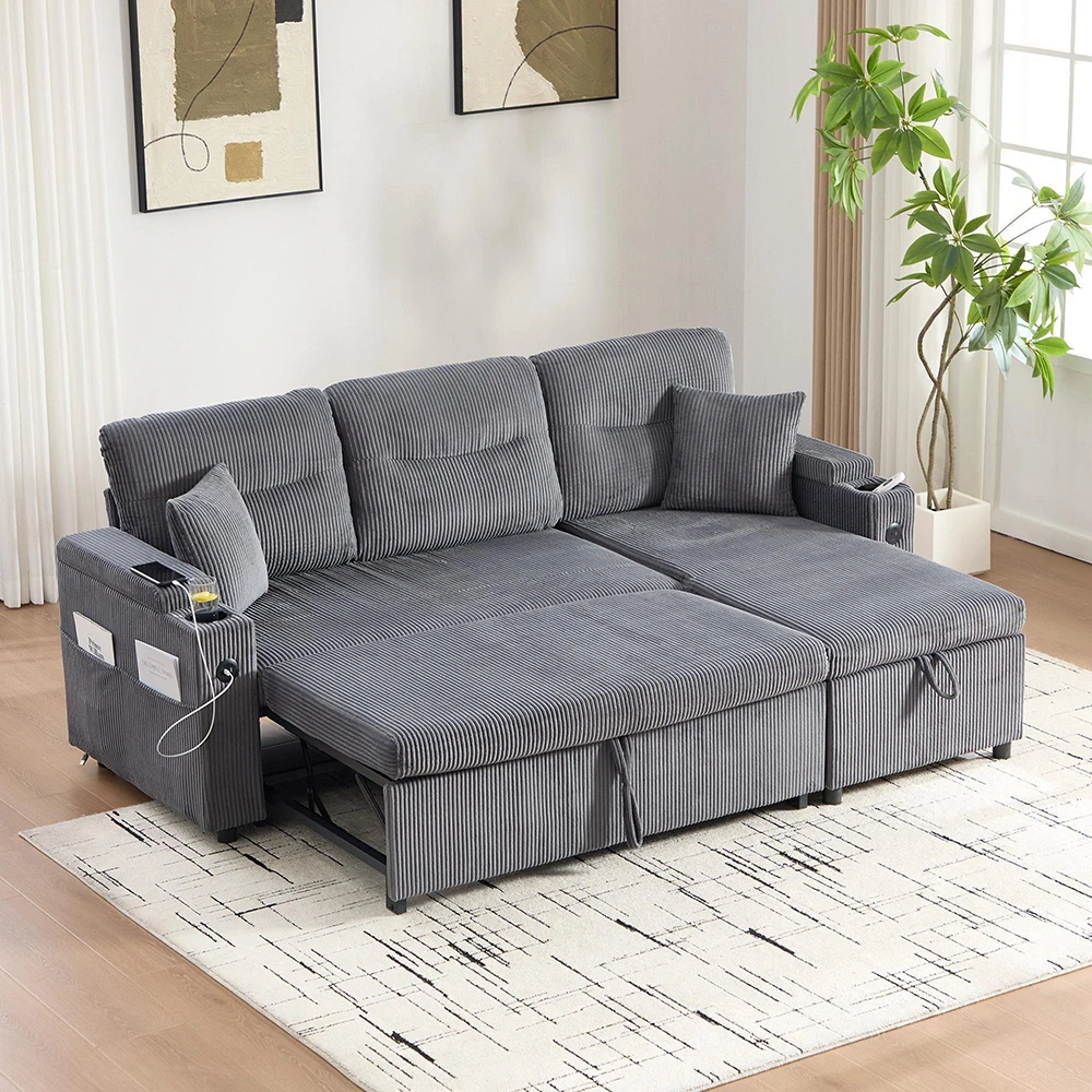 KOMHTOM Modernes 3-Personen-Leinensofa mit Stauraum, Getränkehalter, USB-C, Hydraulische Chaiselongue, Schubladenbett – Detail 5