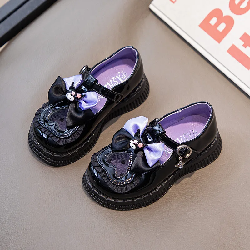 Description Picture 5 of itemGirls Leather Shoes for Party Wedding Kids Cartoon Sanrio Kuromi Princess Shoes T-Strap Fashion Children School Flats Bowtie New