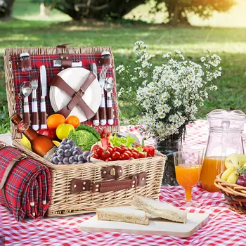Wicker Picnic Basket for 4 with Waterproof Picnic Blanket and Insulated Cooler, Willow Hamper for Camping, Outdoors, Photoshoot 2