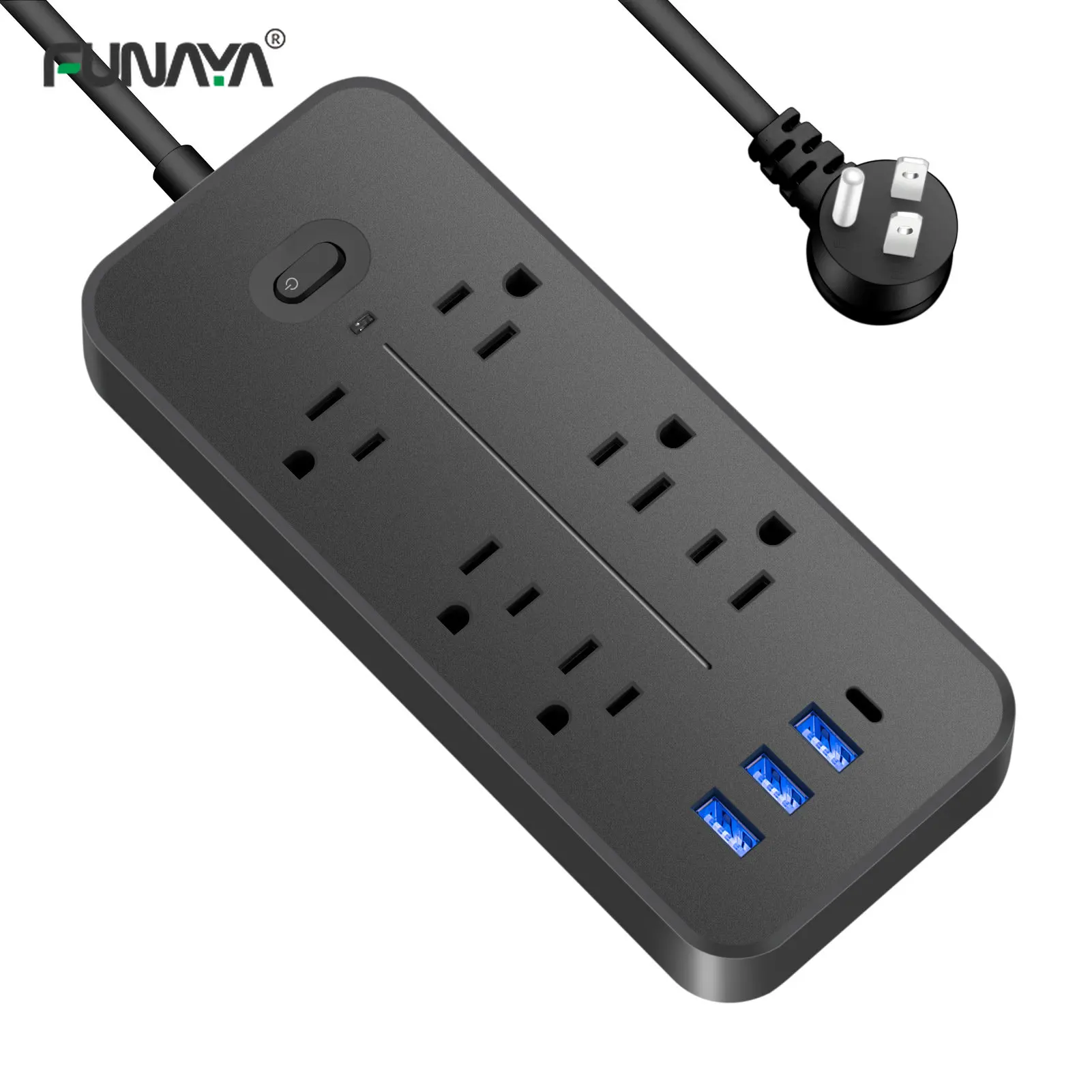 US Power Strip 6 AC Outlets 10A 110v 220v 3 USB Ports Sockets 1 TYPE C