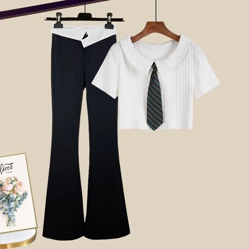 

College Style Cotton Suit Women's 2023 Summer JK Tie Short Sleeve Top High Waist Wide Leg Pants Small Tall Two Piece Set