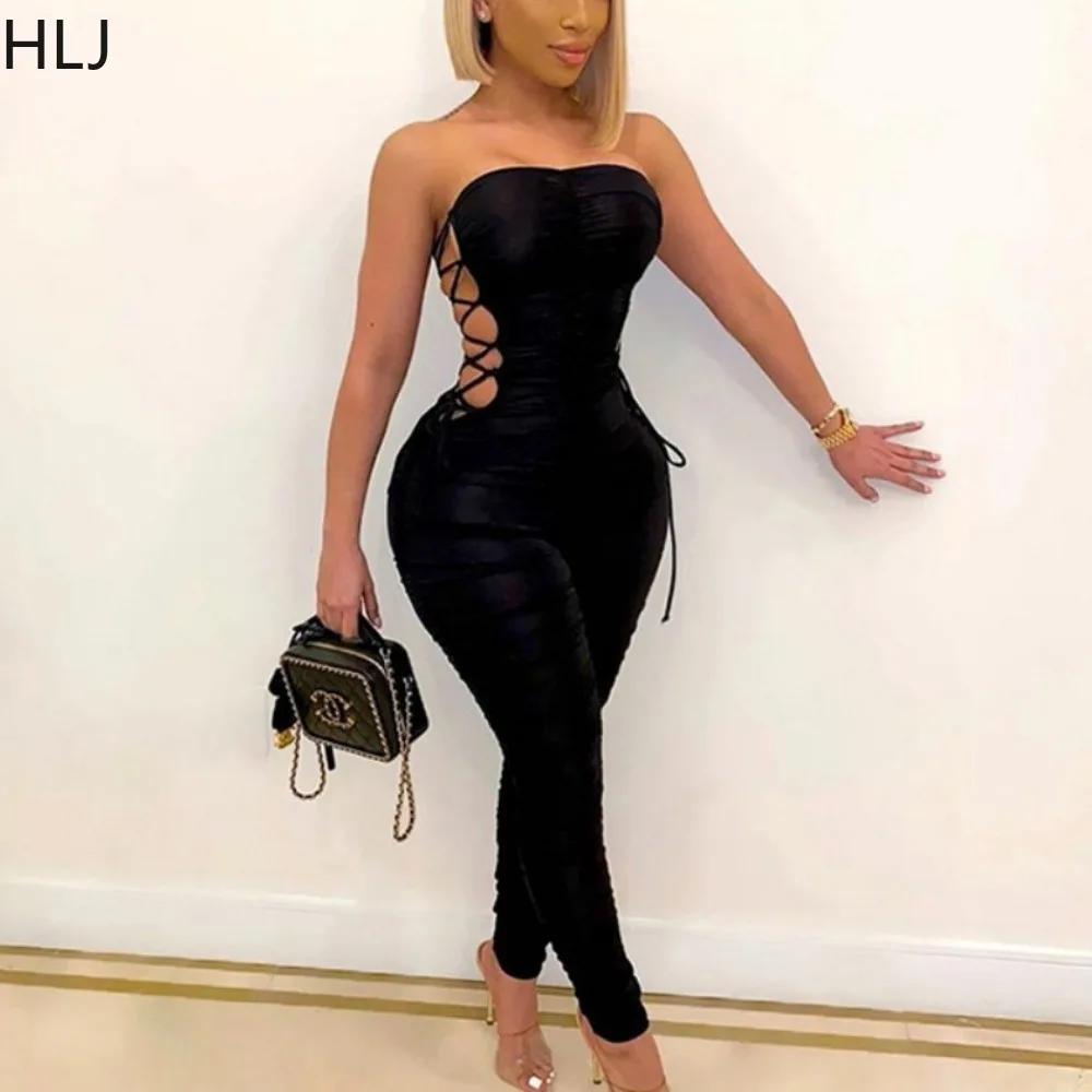 HLJ Sexy Solid Color Ruched Side Bandage Bodycon Tube Jumpsuit Women Sleeveless Backless Slim Playsuit Female Overall Streetwear