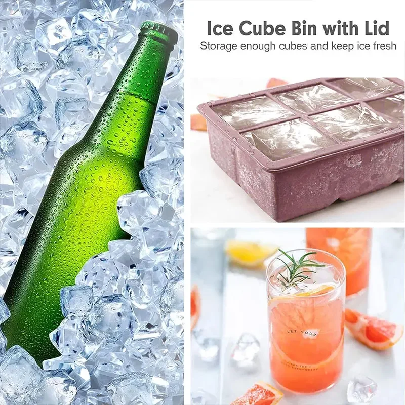 6/15 Grid Ice Cube Mold Big Square Flexible Silicone with Lid Stackable Freezer Container