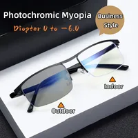 Vintage Business Half Frame Photochromic Myopia Glasses Metal Near Sight Eyeglasses Finished Minus Eyewear Diopter 0 To -6.0 1