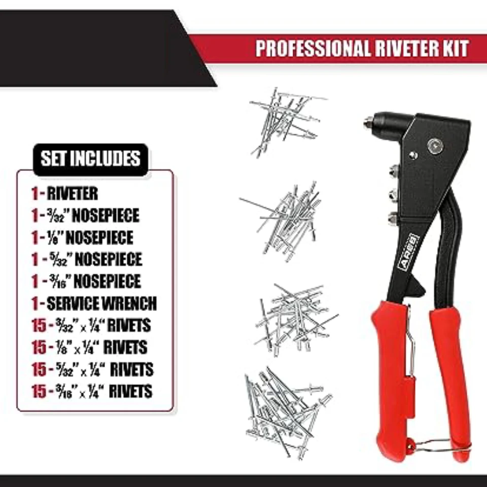 

Professional Pop Rivet Gun Heavy Duty Hand Riveter Kit Rivet Tool with 200 Rivets four Sizes for Metal Wooden and Plastic