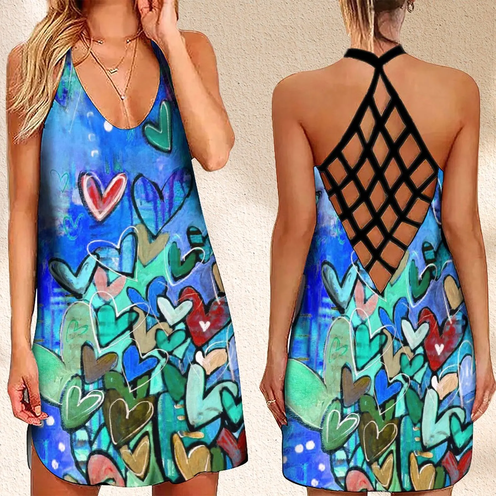 

Женская модная майка с открытой спиной без рукавов с вырезами в форме сердца радужной расцветки с перекрестным принтом Топ для йоги