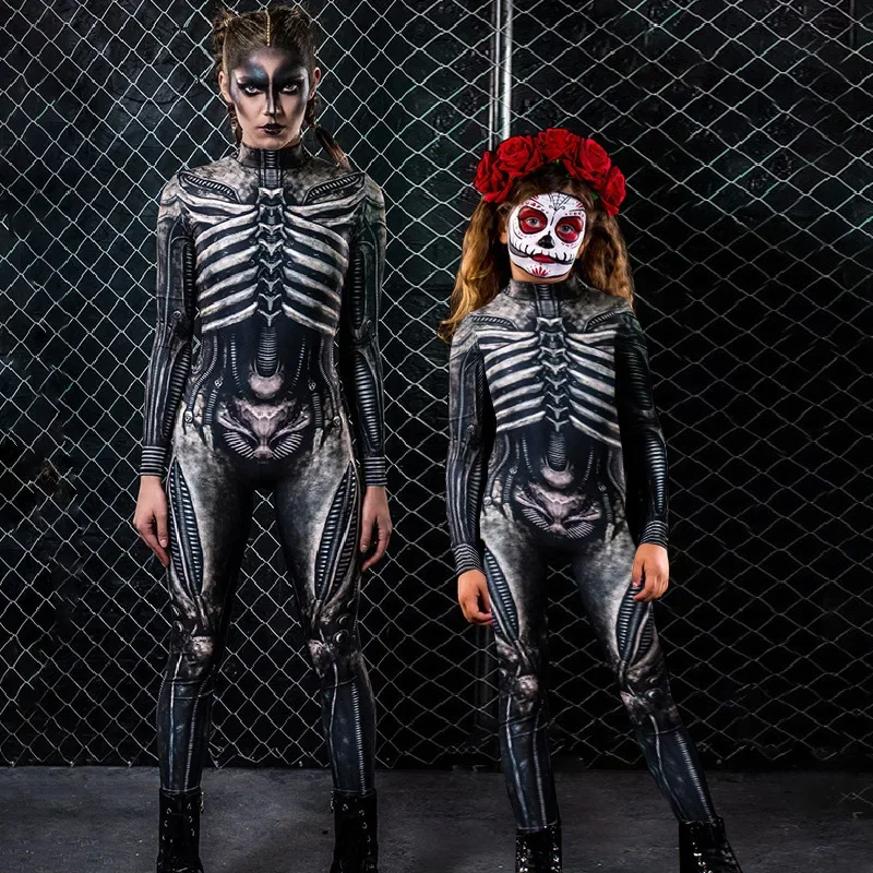 

Halloween Party Show Novelty Dress Up Horror Human Skeleton Jumpsuit Children Girl Zentai Tracksuit Women Tight Elastic Bodysuit