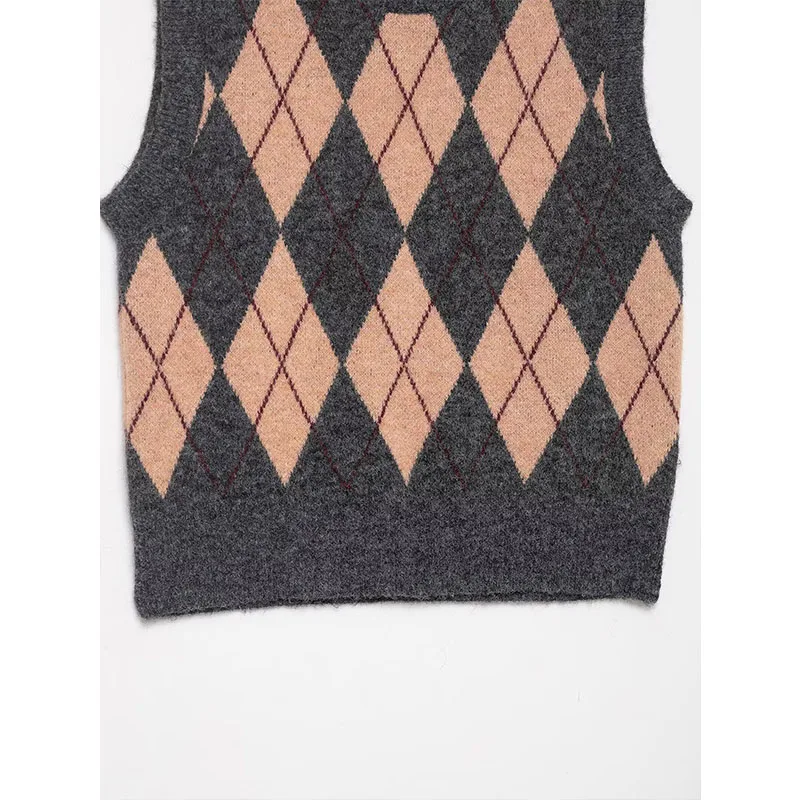 Chic Elegant Argyle Pattern Vests For Women 2025 Sleeveless Knitted Vest Sweater Female Streetwear Casual Waistcoat Tops ﻿