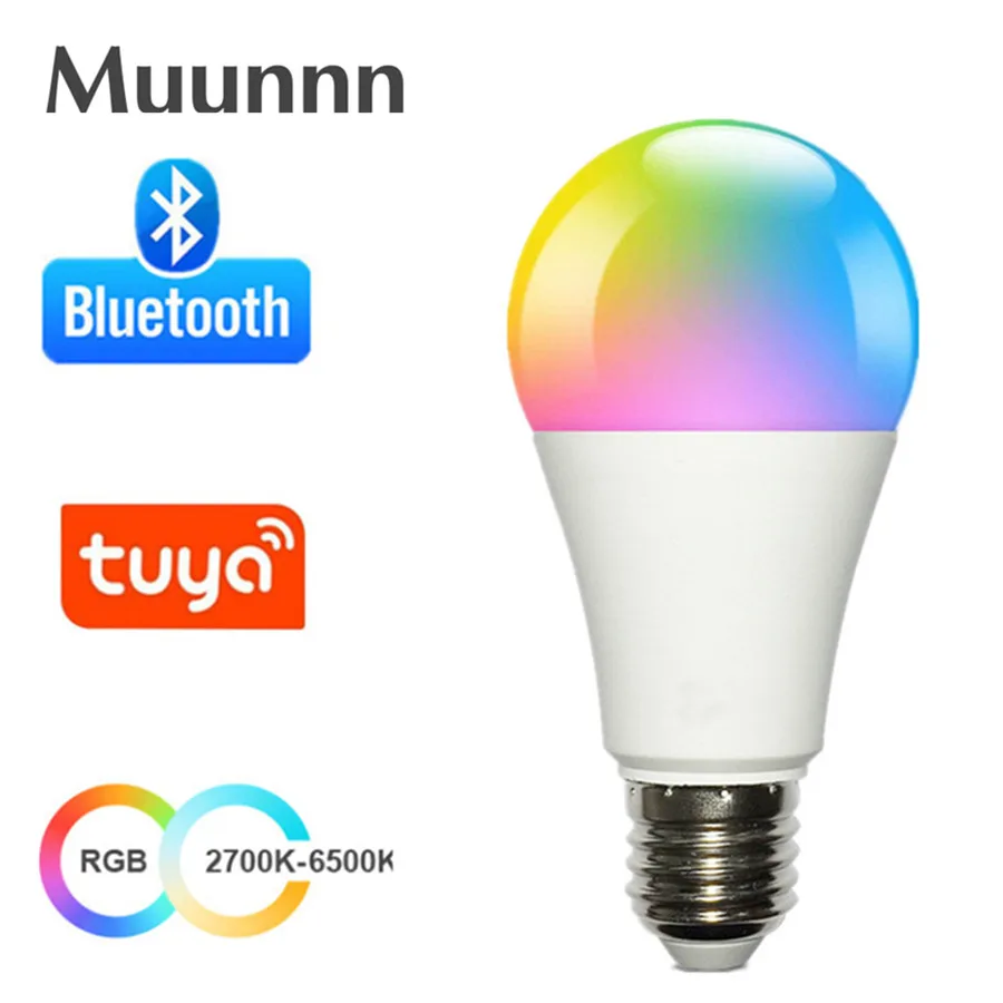 Smart Led Light Bulbs Smart Led Lights LED E27 Wireless App Bluetooth Smart Bulb Tuya APP Control Dimmable 15W RGB+CW+WW LED Color Change Lamp Compatible IOS/Android