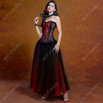 Red Corset With Dress Sexy Corset Dresses for Women Plus Size Gothic Corset Skirt Party Evening Mesh Maxi Dress with Corset 2