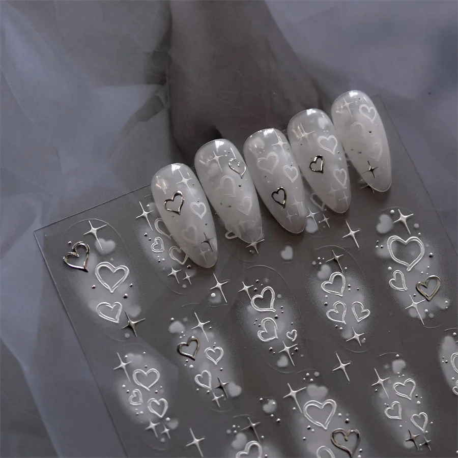 5D 릴리프 네일 스티커 핫 스탬핑 골드 실버 화이트 하트 접착 네일 아트 스티커 1PC DIY 일본식 네일 장식 데칼