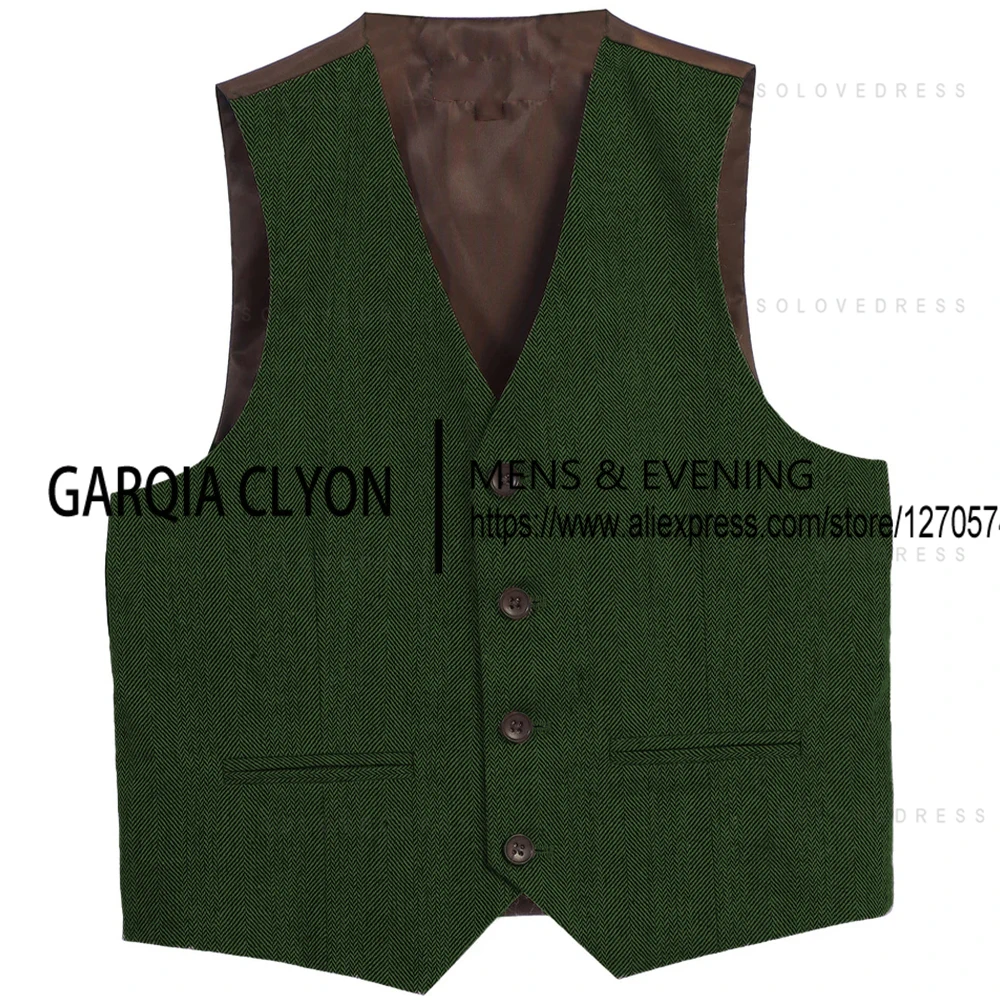 Men's Suits Vests Deep V Neck Simple Herringbone Tweed Slim Fit Single Breasted Business Men's  Waistcoat  For Wedding 5