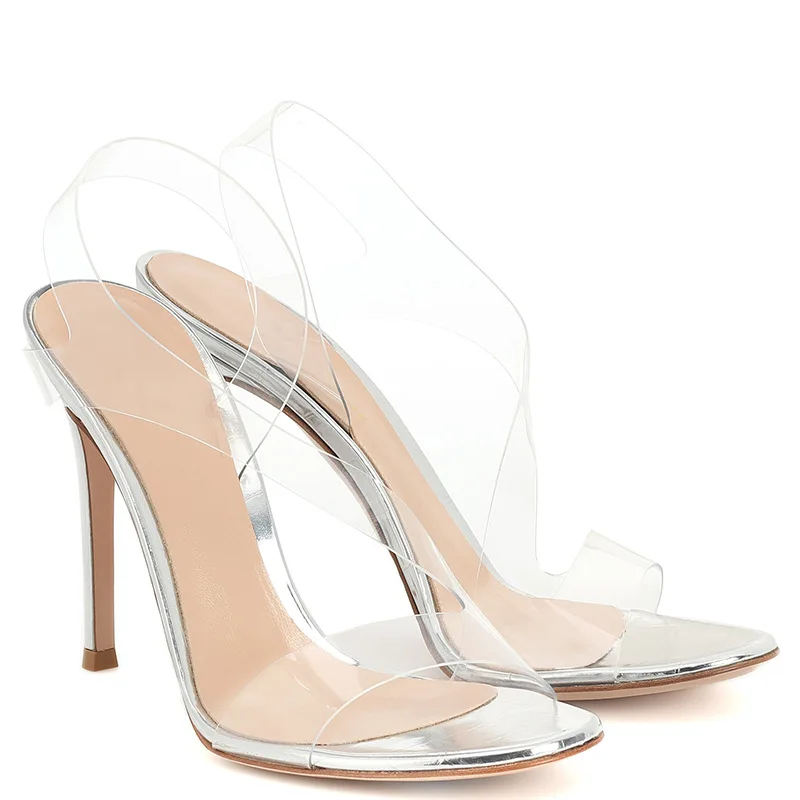 

Modern Trendy Sexy Heeled Ladies Pointed Open Toe Slip on Party Stiletto High Heel Clear Mule Slides Woman PVC Transparent Shoes