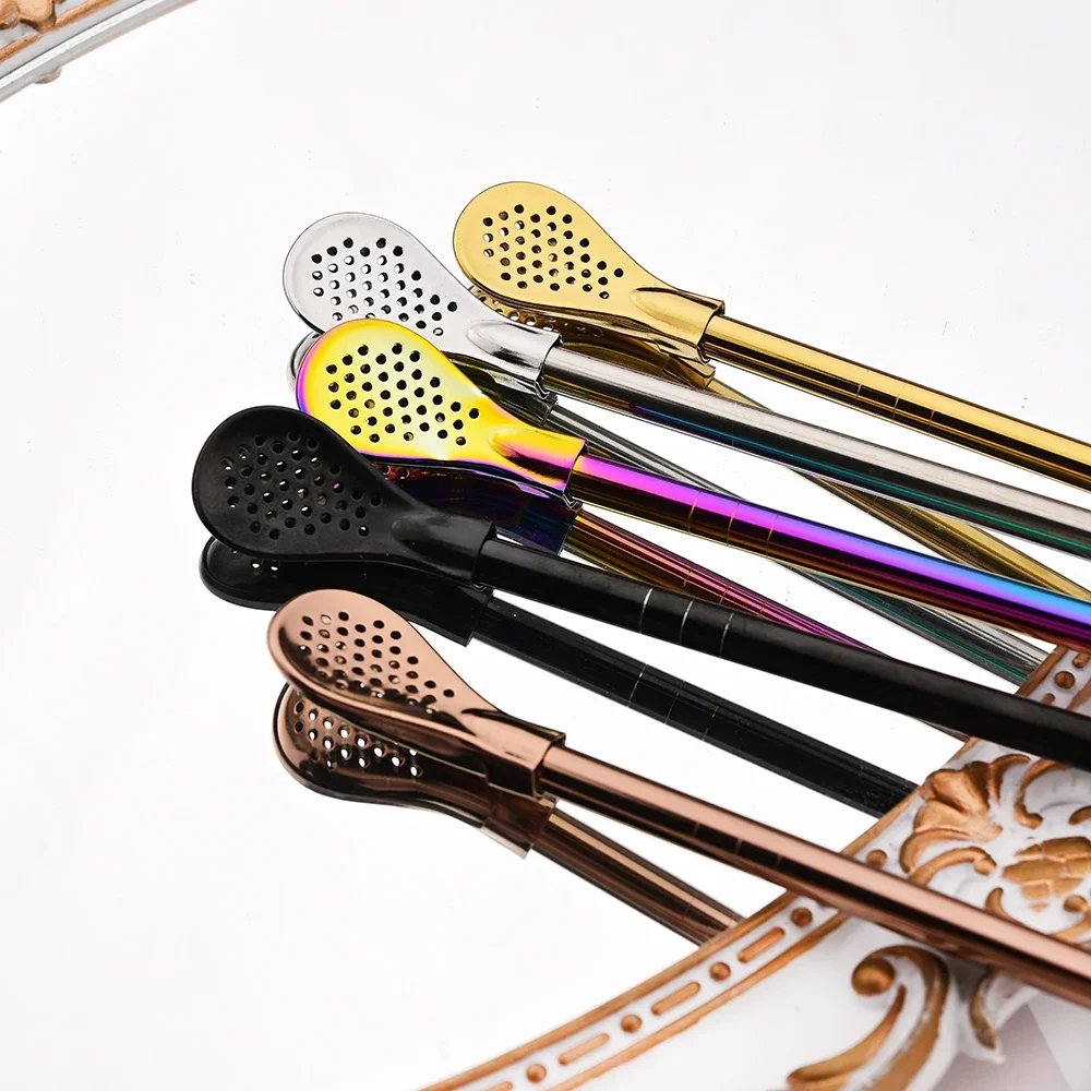 Silver Reusable Stainless Steel Filter Straws and Spoon Set for Cocktails and Tea (8 Pieces)