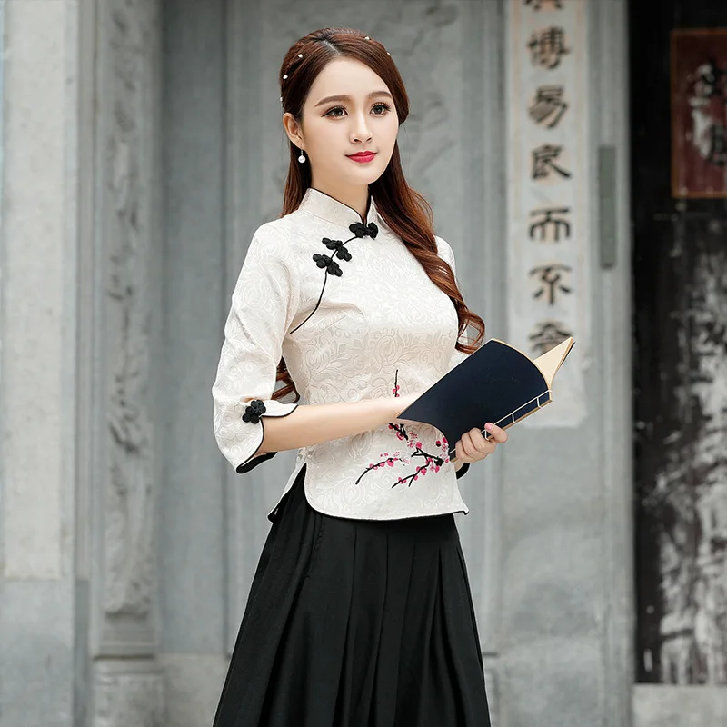 Chinese Style Tang Clothing Female Vintage embroidery Floral Mandarin Collar Shirt Retro Tops Satin Blouse Large Size 3XL- 5XL
