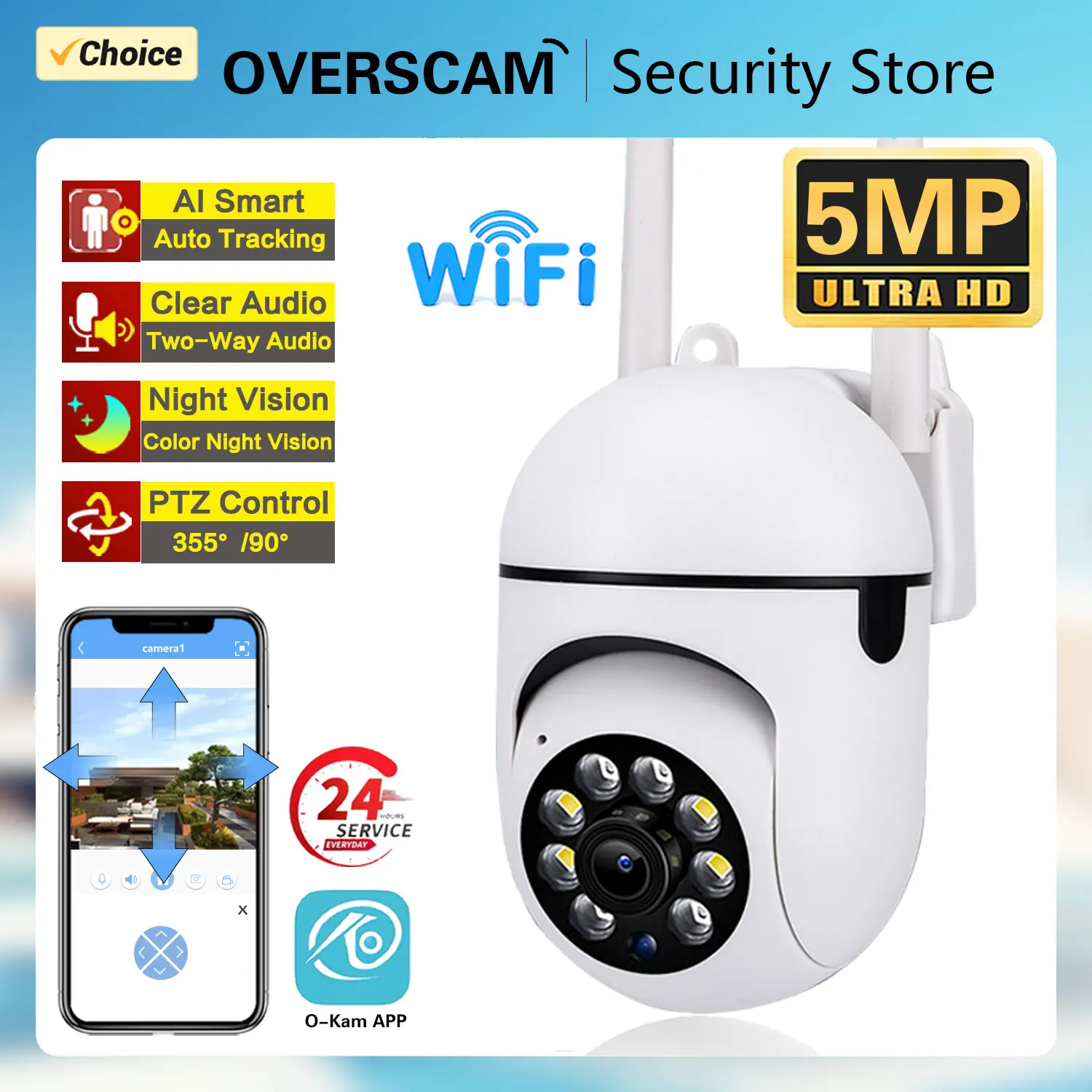 5MP Mini PTZ Indoor Wireless Video Surveillance Camera Color Night Vision Auto Tracking CCTV Wifi Security Baby Monitor Camera