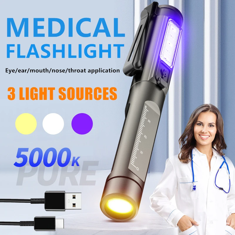 Professional Medical Flashlight Clip Dual Light Source Waterproof