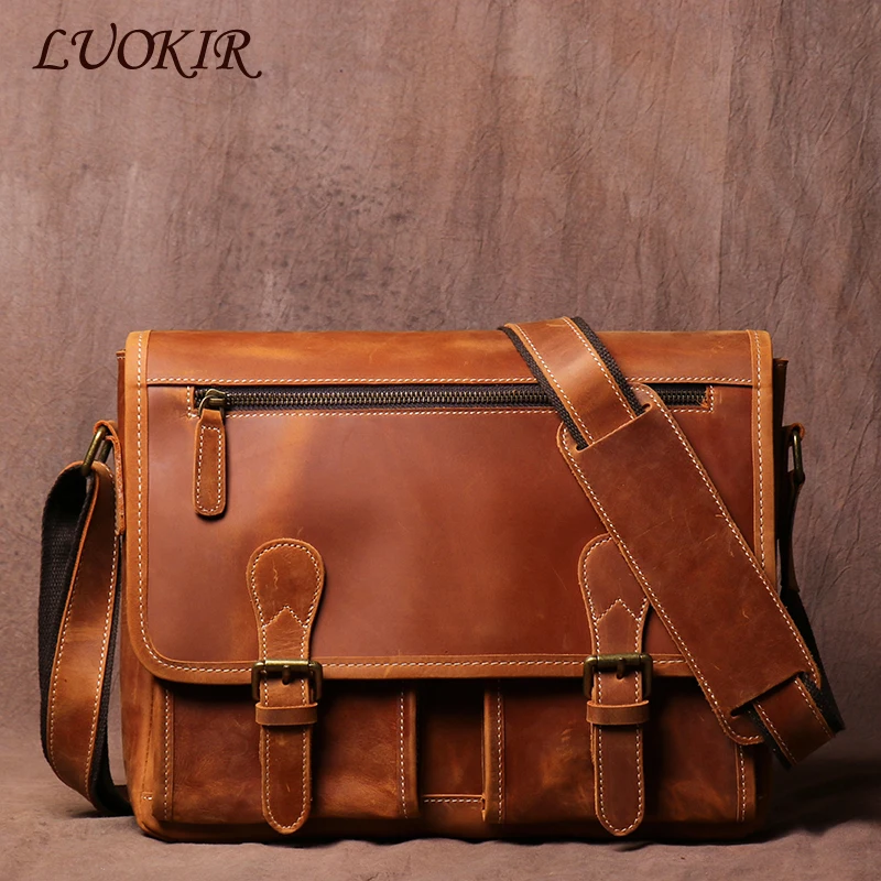 LUOKIR Vintage Crazy Horse Messenger Bag Men's Genuine Leather Luxury