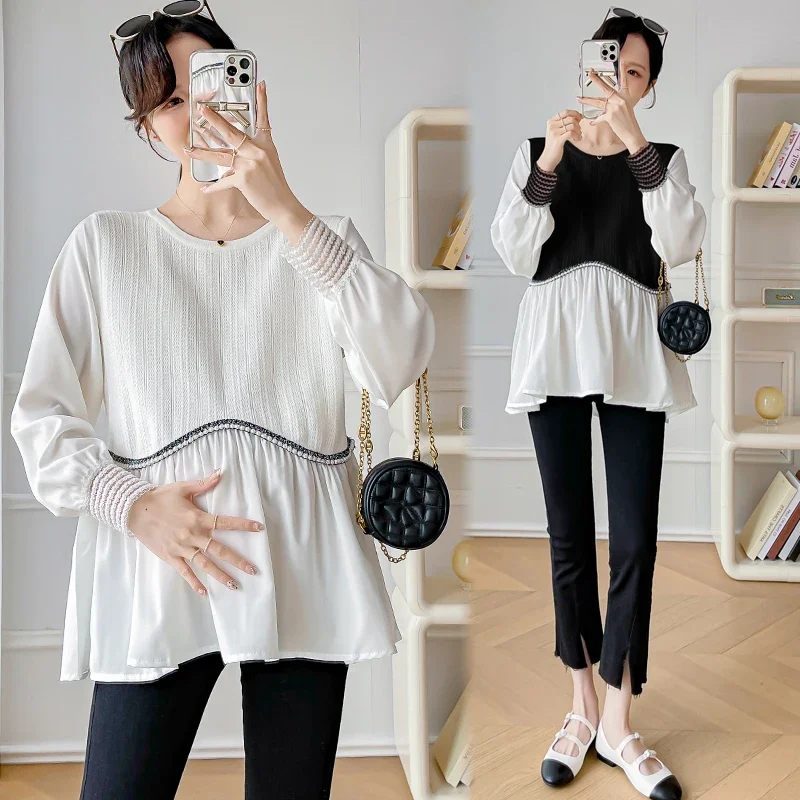 Autumn Fall Korean Fashion Patchwork Maternity Shirts Elegant A Line Loose Tops for Pregnant Women 24ss Y2k Youth Pregnancy